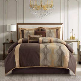 Stratford Park Elegant Brown Comforter Set,7 Piece Bed in a Bag, Full Size, Striped, Jacquard Bedding Set All Season, Matching Decorative Pillows, Pillow Sham