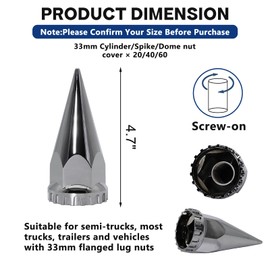 czyopo Spike Lug Nut Covers 33mm x 4 3/4" Thread-on Spike Top ABS Chromed Lug Nut Caps for Semi Trucks Wheel (40PCS)