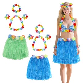 10Pcs Hawaiian Leis Hula Grass Skirt Set,Include 2 Luau Grass Skirts+2 Flower Leis Necklace+4 Bracelet+2 Headband,Fancy Dress Costume for Women and Teens Tropical Luau Party Decoration (Pink+Orange)