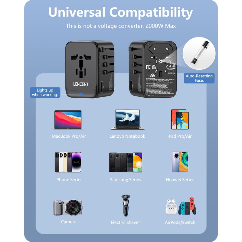 LENCENT International Travel Adapter, GaN III 65 W Universal Travel