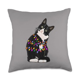 Christmas Cat tangled lights tree down tuxedo Cat Kitten Throw Pillow