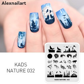 Alexnailart Nail Art Stamping Plates Picture Template with Natural Forest Wolf Moon Eagle Branch Pattern for Nail Design Manicure Print DIY Nail Design Nail Polish Transfer Tools