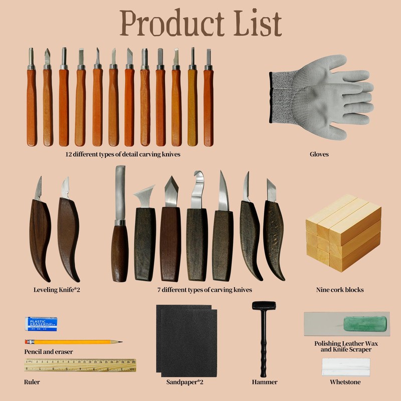 EDIETH 44Pcs Wood Carving Kit with Leather Case Complete Whittling