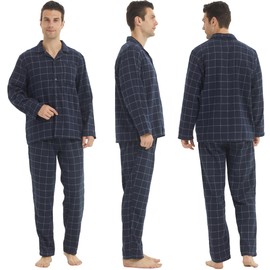 LNFINTDO Mens Flannel Pyjamas Set Cotton Checked Lounge Wear with Pocket Long Sleeve Top and Bottoms 2 Piece Soft Nightwear Winter Warm Pjs Navy