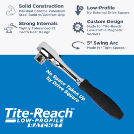 Original TITE-REACH 1/4” Drive Low Profile Ratchet, Designed for Tite-Reach Low-Profile Magnetic Sockets, Made for Tight Spaces (Comfort Grip Handle)
