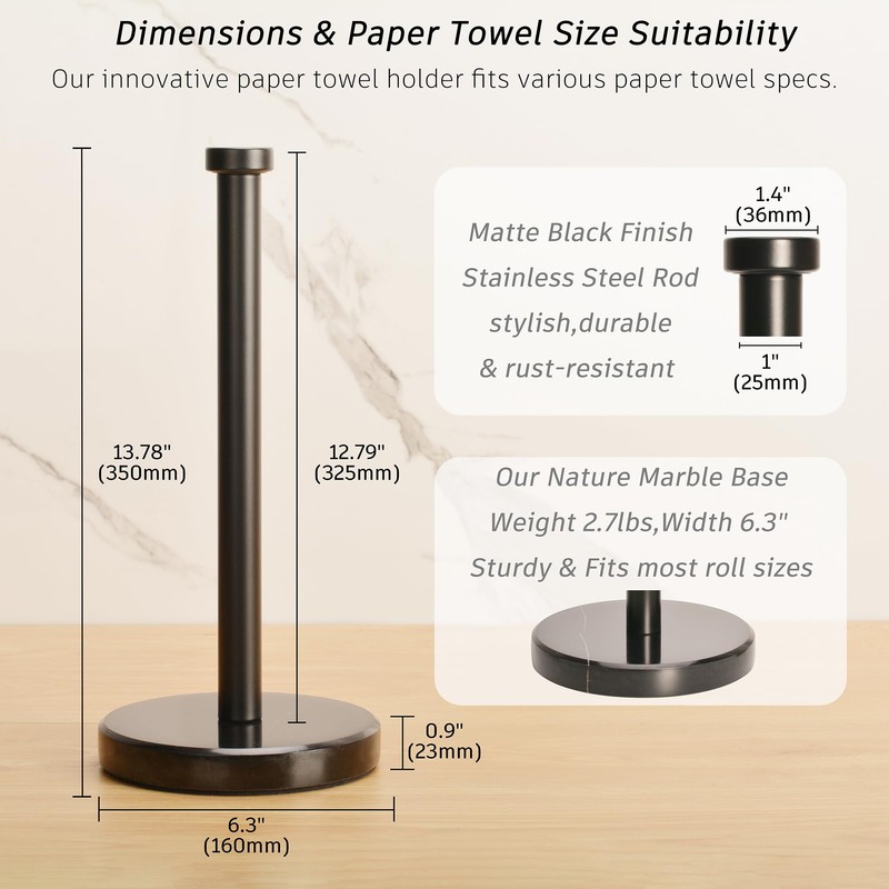 Paper Towel Holder Countertop, Heavy Weighted Black Marble Paper Towels