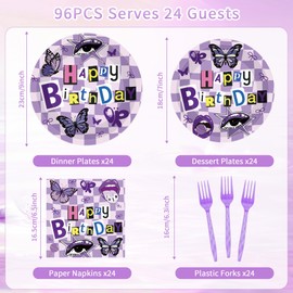 96 Pcs Purple Birthday Decorations, Purple Music Checkered Tableware Set for 24 Guests with Plates Napkins Forks, Year 2000 Birthday Party Supplies for Girls