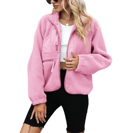 Yanekop Womens Fleece Jacket Fuzzy Long Sleeve Short Coats Button Down Sherpa Outerwear with Pockets(A Light Pink,S)