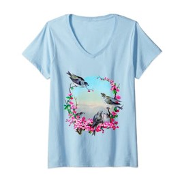 Womens Beautiful vintage design of blue birds and flowers V-Neck T-Shirt