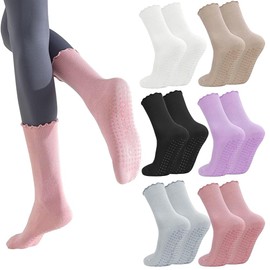 VOSHOME 6 Pares de Calcetines Largos Yoga para Mujer, Calcetines Antideslizantes para Pilates, Calcetas de Trampolín, Adecuados para Hospitales, Movimiento, Yoga, Ballet, Talla 35 – 40