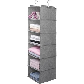 Large Hanging Sweater Organizer for Closet,Collapsible 6-Shelf Hanging Closet Shelves with Drawers, Washable (Grey-6 Shelf)