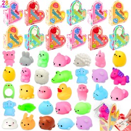 28 Pack Valentines Day Gifts Animals Mochi Squishies Toys with Heart Boxes Valentines Cards for Kids School Classroom Exchange Stress Relief Fidget Squeeze Toys for Girls Boys Valentine Party Favors