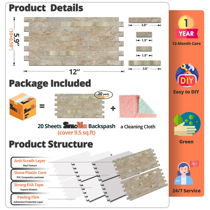 StyloVue 20 Sheets Peel and Stick Backsplash for Kitchen, Sandstone