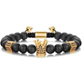 SEVENSTONE 8mm Crown King Charm Bracelet for Men Women Black Matte Onyx Stone Beads, 7.5" (Gold)