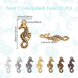 AHANDMAKER 84Pcs 7 Colors Seahorse Charms, Tibetan Style Alloy Seahorse Pendants, Vintage Hanging Ornament Ocean Creatures Pendants for Jewelry Necklace Bracelet Earring Making