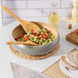 Dehaus® Large Stylish Bamboo Fruit Bowl - 30cm, Grey - Wooden Salad Serving Bowl - Fruit Basket for Kitchen or Bread Basket - Table Centrepiece Decoration - Home & Kitchen Tableware Accessories