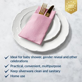 PAW - Baby Pink Linen Feel Napkins with Built-in Flatware Pocket, Airlaid Paper Pre-Folded Napkins for Silverware, Baby Shower, Gender Reveal, Wedding Party, Birthday, Monocolor, 50 Count
