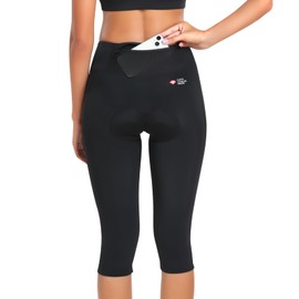 Santic Women's Cycling Pants High Waist 4D Padded Cycling Capris Shorts 3/4 Biking Leggings Pants with Pockets Black