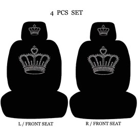ALLBrand Universal Fit Car Truck Crystal Bling Rhinestone Studded Low Back Front Bucket Seat Covers with Headrest Covers - Pack of 4 (Crown/Black)