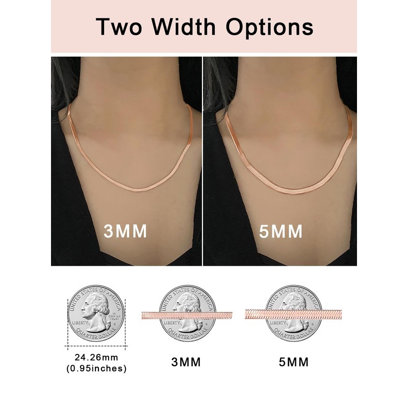FOCALOOK Rose Gold Plated Flat Snake Chain Necklace Herringbone Necklace