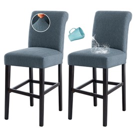 H.VERSAILTEX 100% Waterproof High Chair Cover Dining Chair Seat Covers Stretch Bar Stool Covers Removable Counter Stool Pub Chair Slipcover Chair Covers Jacquard Crizzle Pattern Set of 2, Stone Blue