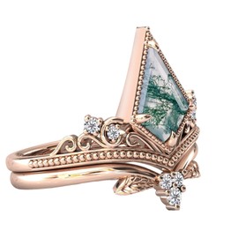 Natural Moss Agate Rings Set for Women White Gold Plated Sterling Silver Kite Cut Moss Agate Engagement Ring Wedding Solitaire Ring for Women Wife Moss Agate Bridal Set Size 5