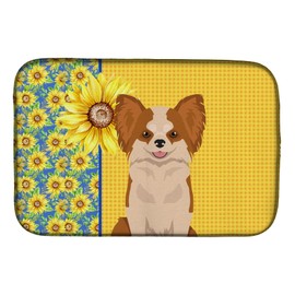 Caroline's Treasures WDK5353DDM Summer Sunflowers Longhaired Red and White Chihuahua Dish Drying Mat Absorbent Dish Drying Mat Pad for Kitchen Counter Dish Drainer Mat for Countertop, 14 x 21", Multic