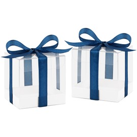 Hxezoc 50 Pack Favor Boxes 2x2x2 Inches Clear Candy Treat Boxes with Navy Blue Ribbons, Mini Plastic Gift for Wedding, Birthday Party, Baby Shower, Classroom Decoration Supplies