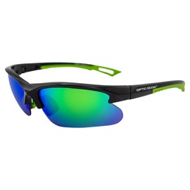 Optic Edge Fireball Wraparound Sports & Motorcycle Sunglasses for Men or Women Semi-Rimless Gloss Black Frame w/Dielectric Green Mirror Lens