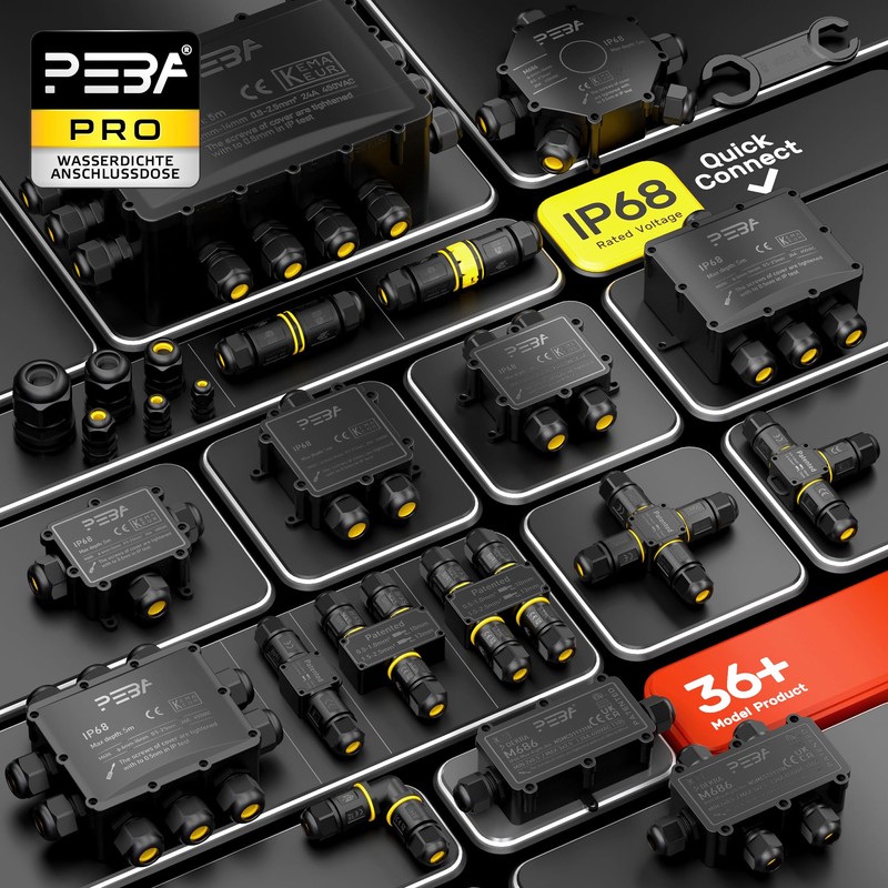 PEBA IP68 Waterproof Cable Junction Box, 3-Way Outdoor Cable Connector,