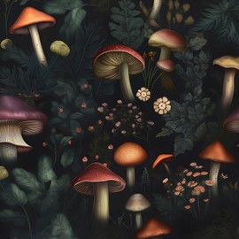 ILHIIOR Black Mushroom Wallpaper Peel and Stick Wallpaper Leaf Vintage Contact Paper Boho Dark Flower Wall Paper Removable Wallpaper Self Adhesive for Cabinet Drawers Wall Decor 17.5''x118.1''