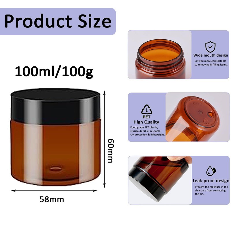 6 Pack 100ml Empty Amber Plastic Jars with Black Lid,