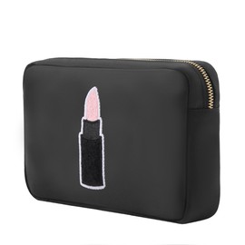 BLOC Bags Travel Makeup Bag, Cosmetic Bags for Women, Medium Cute Toiletry Bag, Make up Bag, Beauty Bag with Chenille Patch and Top Zipper, Inside Zipper Pouch and Mesh Pockets (Lipstick, Black)