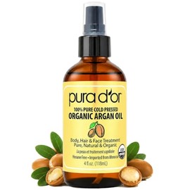 PURA D'OR (4 oz) Organic Moroccan Argan Oil 100% Pure Cold Pressed, USDA Certified Organic, All Natural Anti-Aging Moisturizer Treatment for Face, Hai