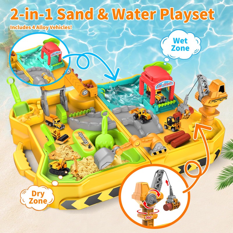 RISUNTOY Construction Sandbox with 4 Trucks & Sand/Water Play-Foldable Portable