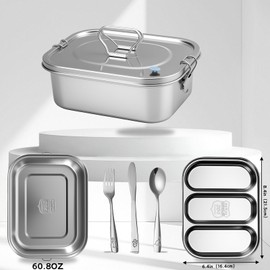 SUTETLW 304 Stainless Steel Bento Box Leakproof 3-Compartment Tray, 1800ml Stainless Steel Lunch Box with Airtight Valve Handle, Including Utensil Set (Fork/Knife/Chopsticks) for Travel, Work.