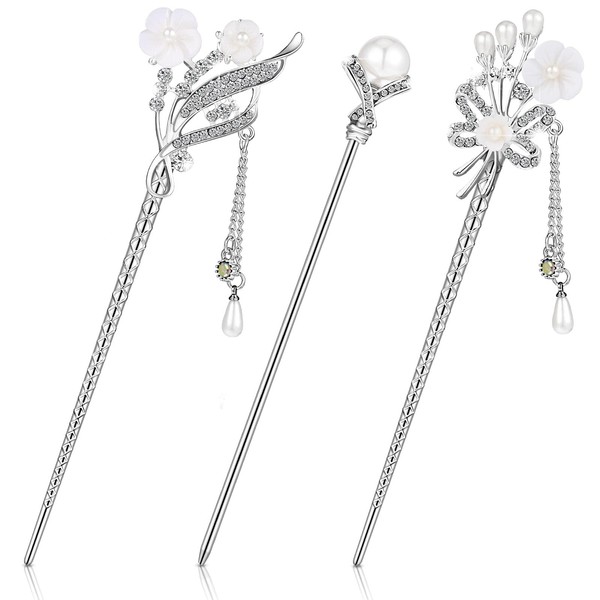 3 Pieces Chinese Hair Stick Japanese Hairpin Hair Chopsticks for Women Pearl Rhinestone Flower Hair Accessories Vintage Tassel Handmade Chignon Jewelry for Girls (Traditional Style)