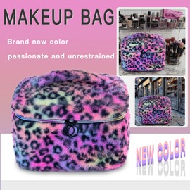 imerelez imerelez Plush Travel Makeup Bag Toiletry bag for Women Soft Fluffy Cosmetic Bag Portable Foldable (Rainbow Leopard)