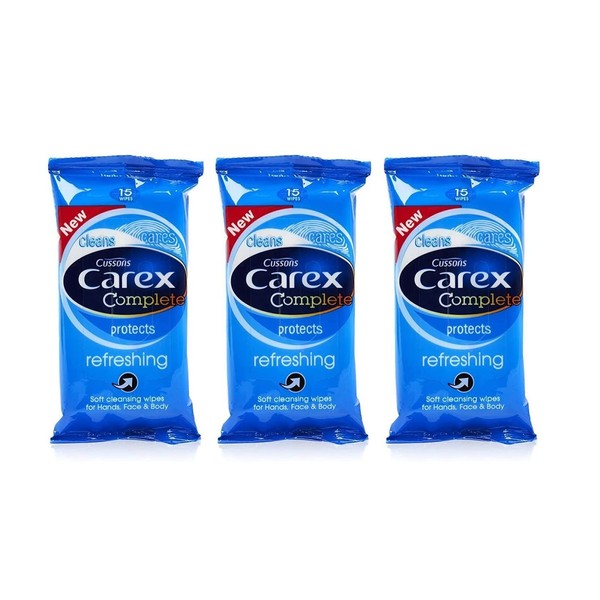 3x Cussons CAREX Refreshing Cleansing WIPES Hand Face & Body 15's Pocket Travel