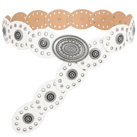 WHIPPY Women Disc Concho Leather Belt Western Cowgirl Hollow Belt Vintage Boho Oval Waist Belt for Music Festival Dress Jeans, White, Fit Waist Size Up to 36"