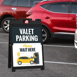 Valet Parking Please Wait Here With Car Graphic Sidewalk Sign Kit, 18x24 Inches, With A Frame Stand, Made in USA