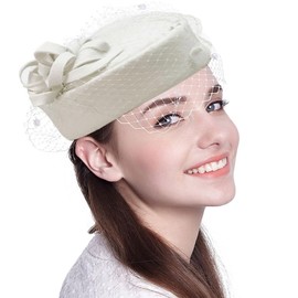 ORIDOOR British Style Pillbox Hat Women Church Derby Wedding Winter Vintage Fascinator Beret 100 Percent Wool Felt Hat with Veil (05A White), One Size
