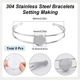 SUNNYCLUE 8Pcs Cabochon Bangles Adjustable Blank Bangle Silver Metal 304 Stainless Steel Expandable Cuff Round Cabochons Bezel Blank Tray Base Bangle for Bracelet Jewellery Making DIY Accessories