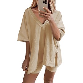 Bufushaoh Women's Oversized 2 Piece Outfits V Neck T-Shirts Biker Shorts Tracksuit Hot Shot Reversible Sets(Khaki,S)