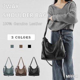 MFFOR Women's Shoulder Bag, Genuine Leather, 2-Way, Crossbody Bag, Large Capacity, Soft, Lightweight, Cross-body Wear, Casual, Commuting, Simple, Stylish, Black