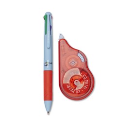 OSAMA - Set Cancelleria con Bianchetto a Nastro, 20 METRI + Penna a Sfera 4 Colori 4 Multi, Kit Cartoleria e Cancelleria Scuola e Ufficio con Correttore a Nastro e Penna Multicolore, Azzurro/Rosso