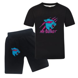 Boys Mr-Beast Tee Shirt Short-Sleeved Youth Cool Top Tee Girls Casual Black Red Lightning Cat T-Shirt For Kids Clothes Set Black 7-8 Years