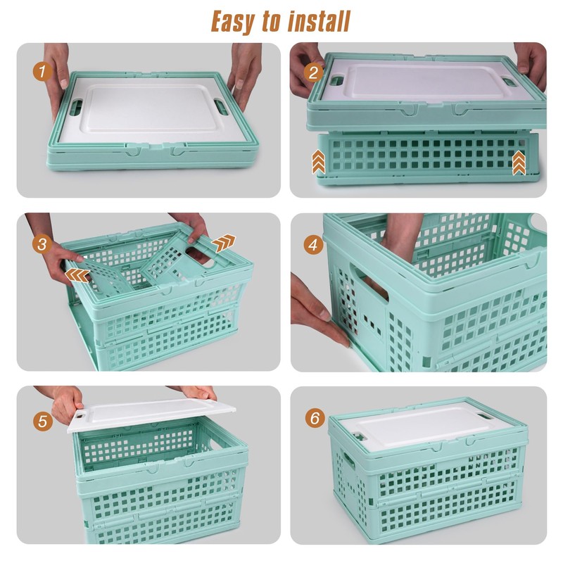 Collapsible Storage Crate, Foldable Plastic Basket with Lid and Handle,