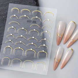 2PCS French Line Nail Art Stickers Gold Stripe Nail Art Decals with Rhinestone Design French Stripe Crystal Design 3D Self-adhesive Nail Stickers French Nail Supplies for Women DIY Nail Art Decoration