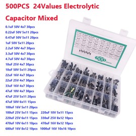 Hailege 500pcs Electrolytic Capacitor Kit 0.1uF-1000uF 24 Values Mixed DIP Electrolytic Capacitors Assortment Kit 10V/16V/25V/50V with Storage Box